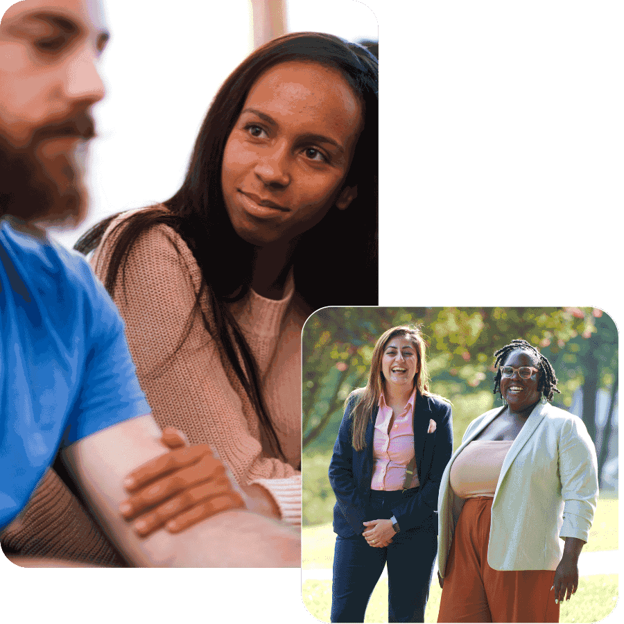 A collage of two photos: one with a young woman holding the arm of a man, and the other with two smiling clinicians.