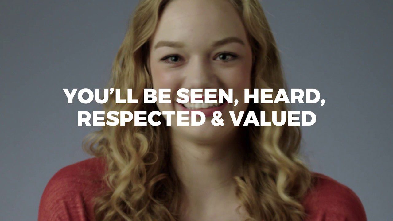 "You'll be seen, heard, respected & value" text written above teen girl