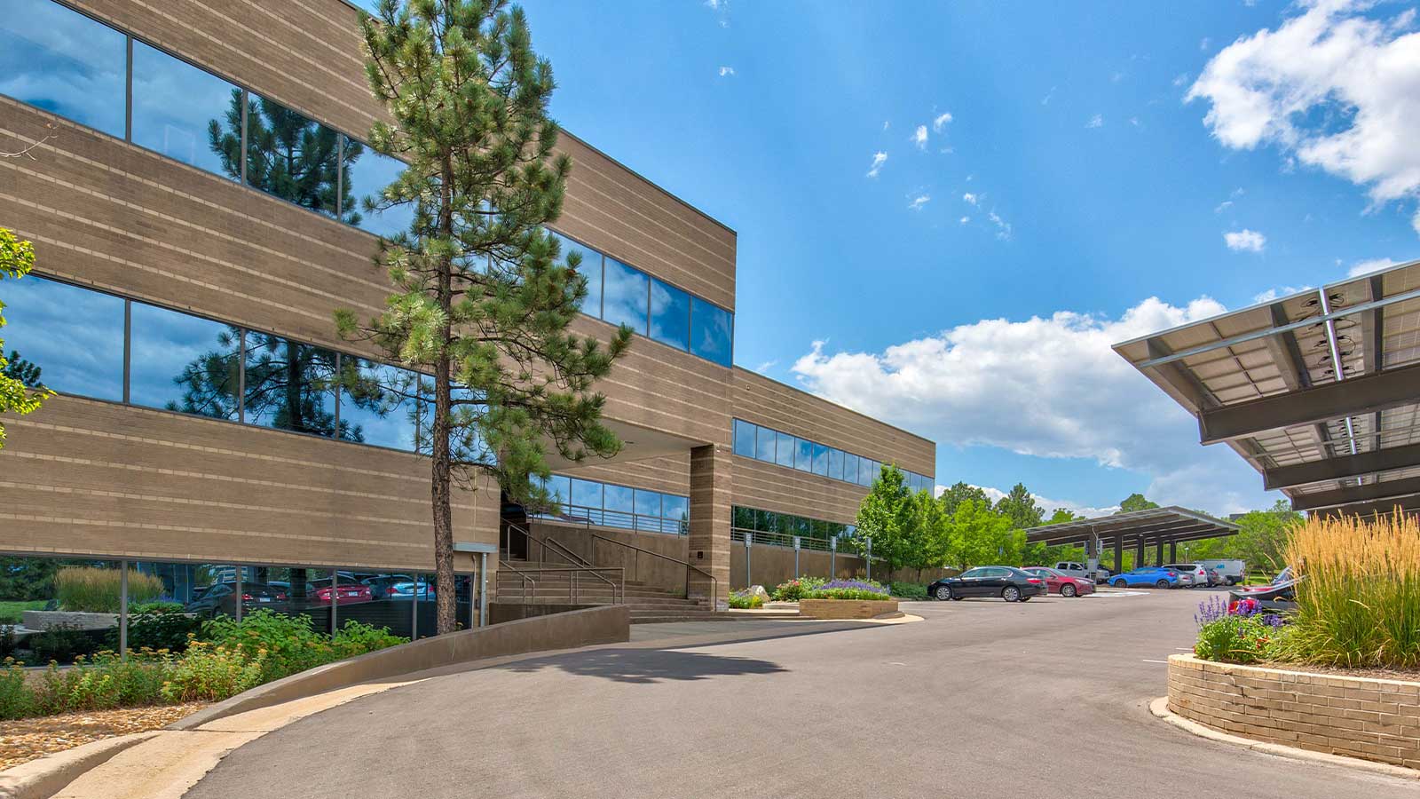 Modern building with large reflective windows and a tree-lined driveway.