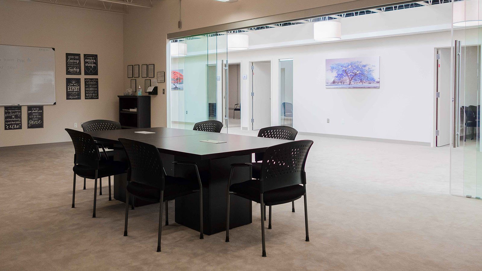 A spacious, modern meeting room with a long table, black chairs, and glass walls.