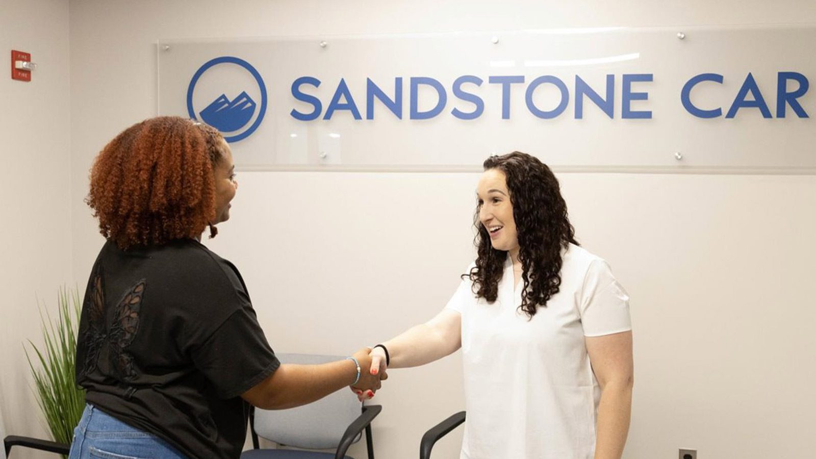 Two individuals are greeting each other with a handshake in a welcoming office environment.