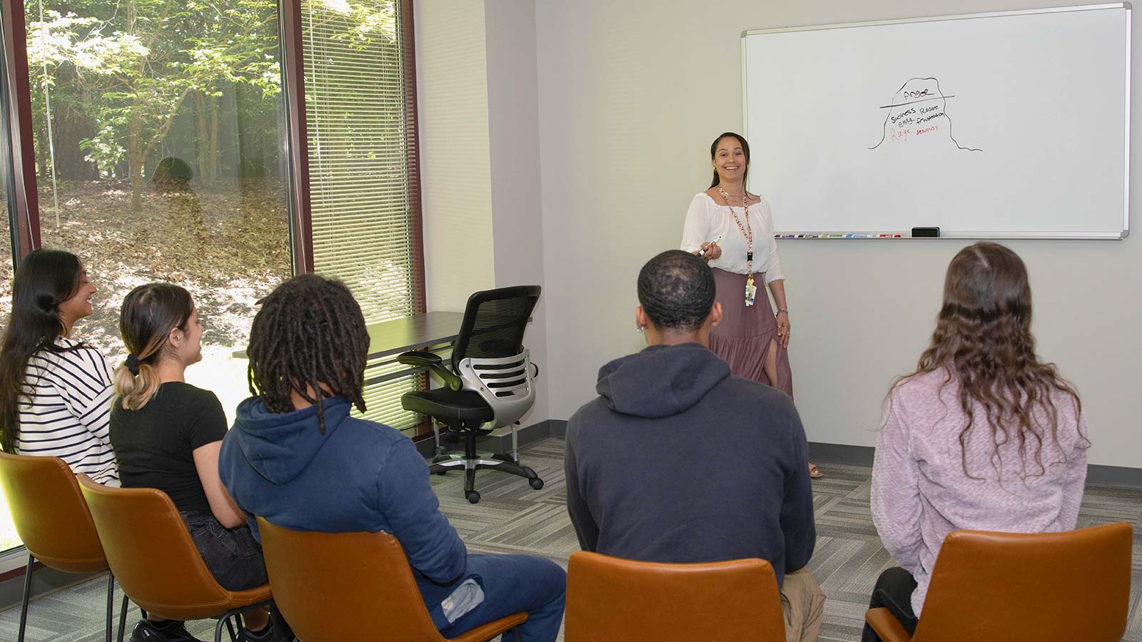 several people sitting in chairs in a room with a whiteboard