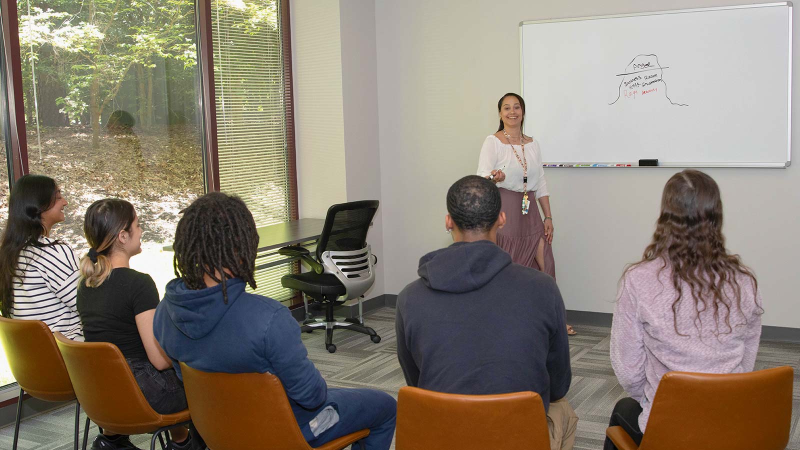 An educational group session with the teacher at the front whiteboard.