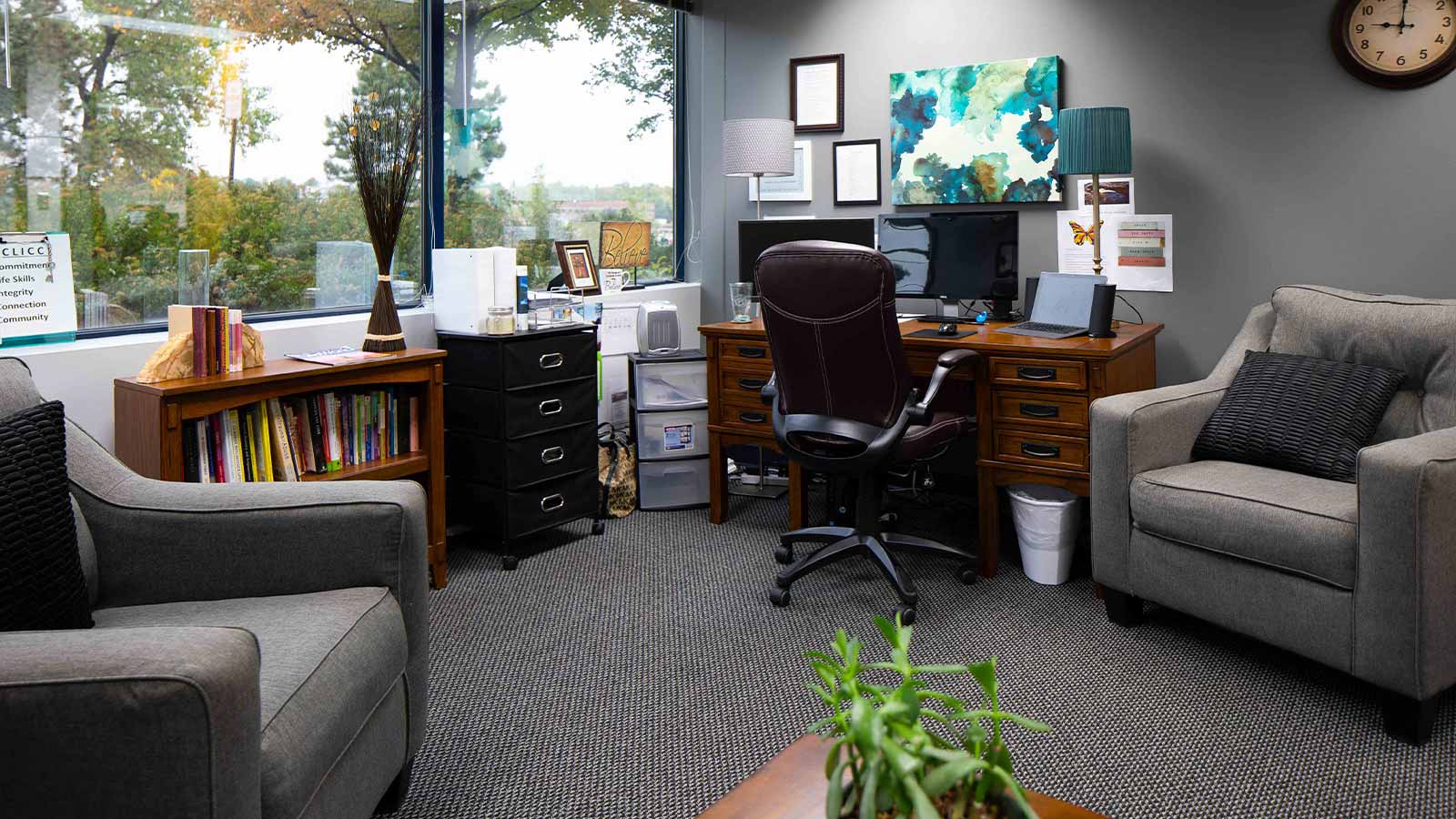 An inviting therapist's office with comfortable chairs, bookshelves, and a large window providing natural light.