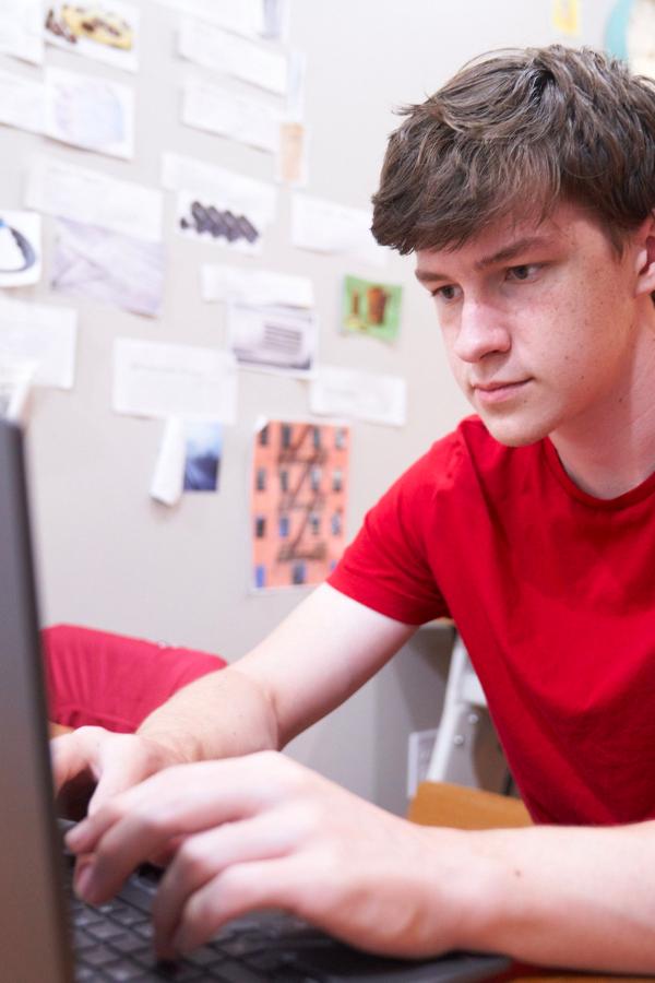there is a young man sitting at a desk using a laptop