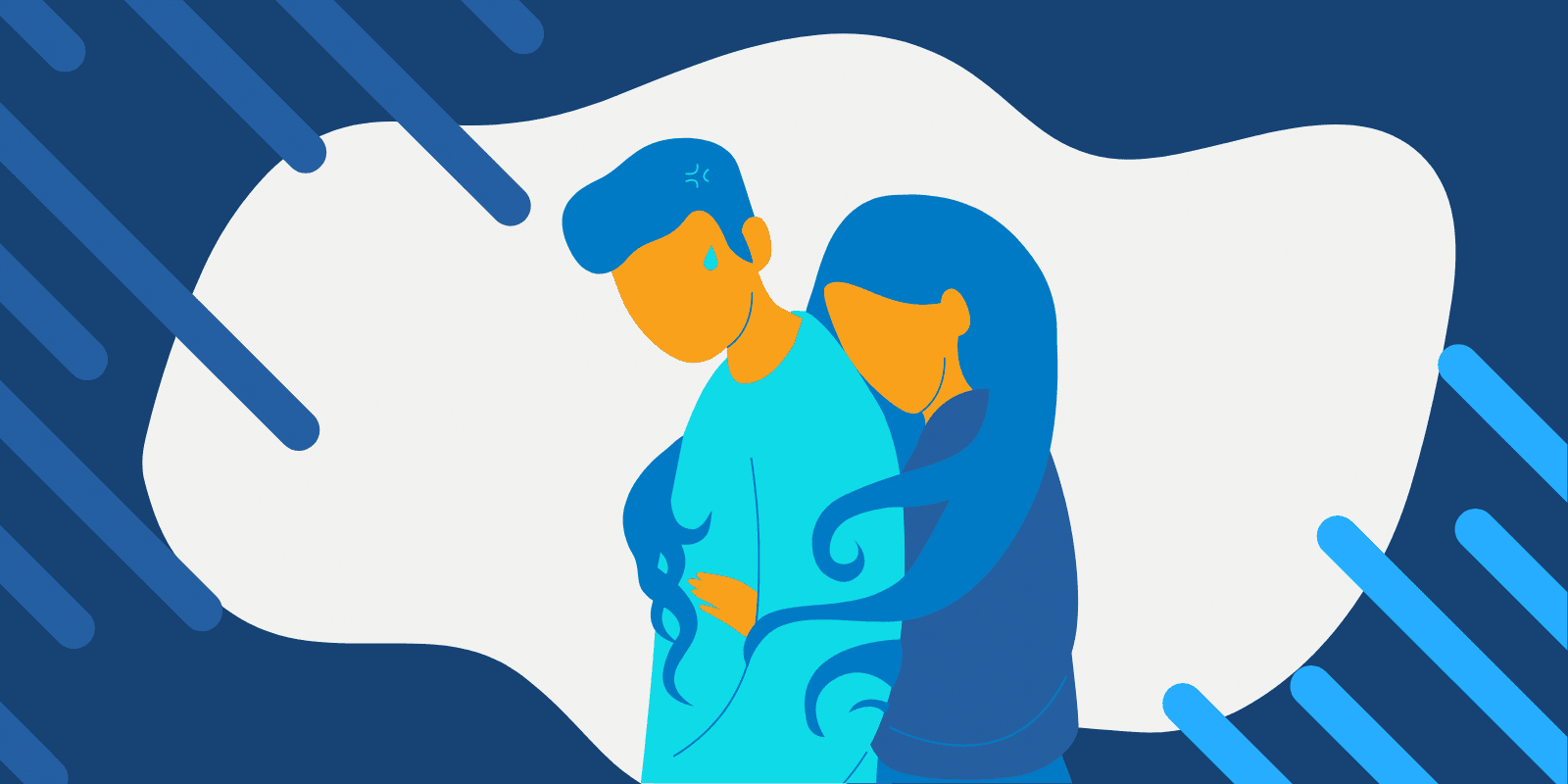 An illustration of a girl hugging her partner from behind while her hair also crawls around the partner's body and the partner looks irritated