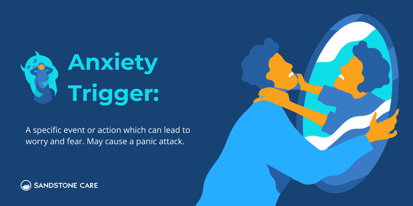 "Anxiety Trigger" definition written next to a digital illustration of a man experiencing anxiety trigger
