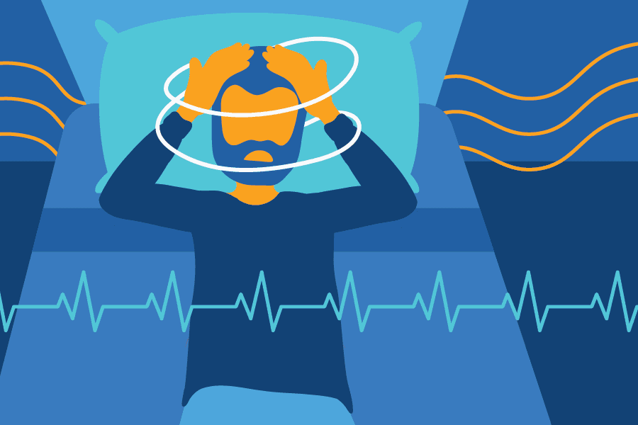 A graphic of a man in bed with his head in his hands and a heart rate monitor below him.