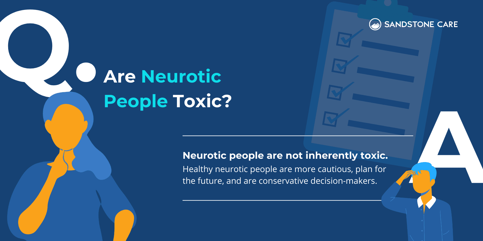 "Q. Are Neurotic People Toxic" written above the answer with relevant illustrations of people looking curious and cautious