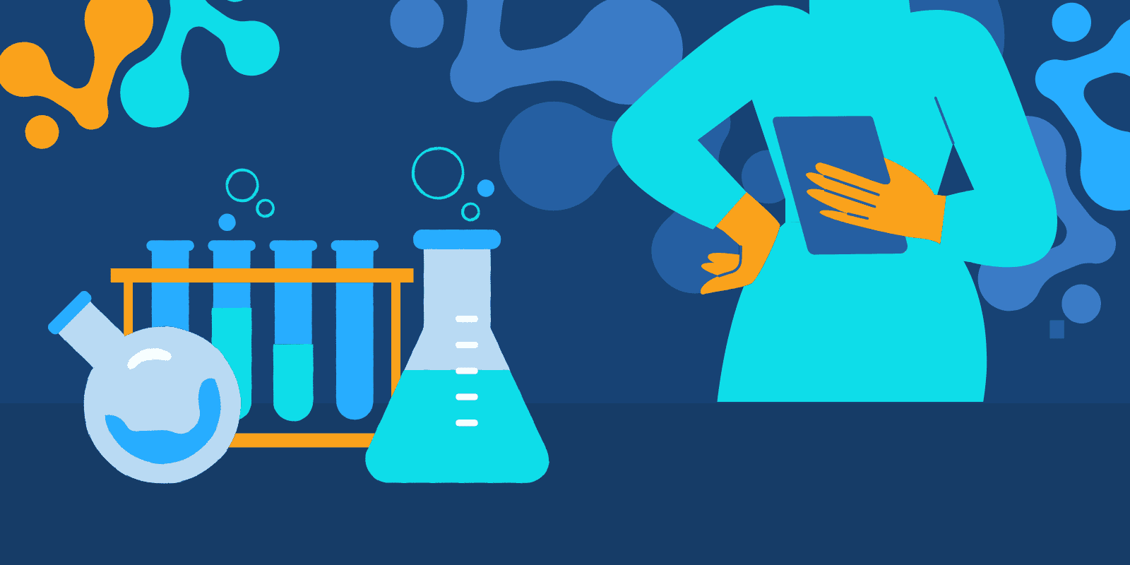 An illustration of a lab and researcher looking at the chemical bottles