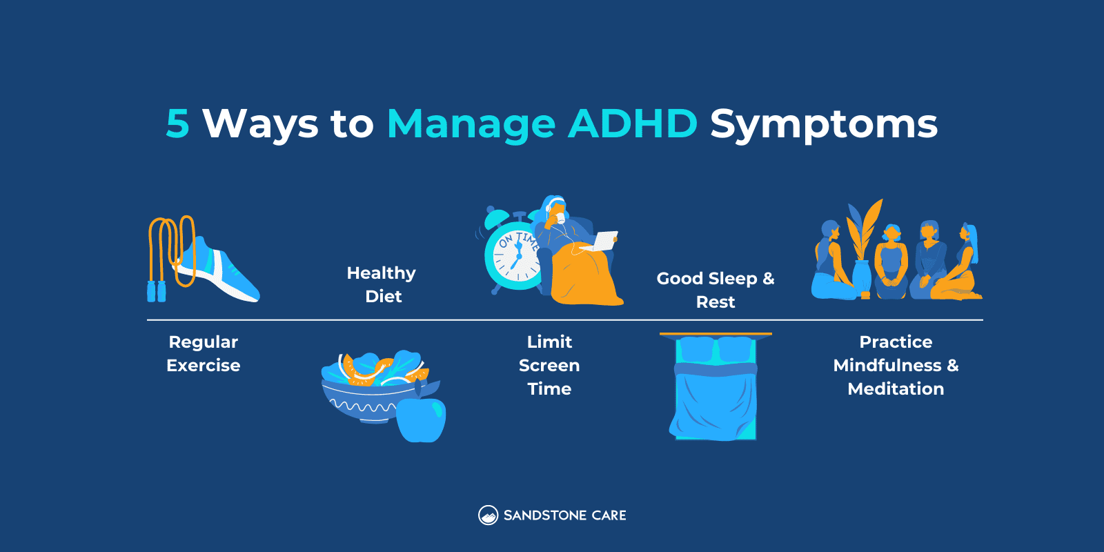 5 Ways to manage ADHD Symptoms listed out with relevant digital illustrations