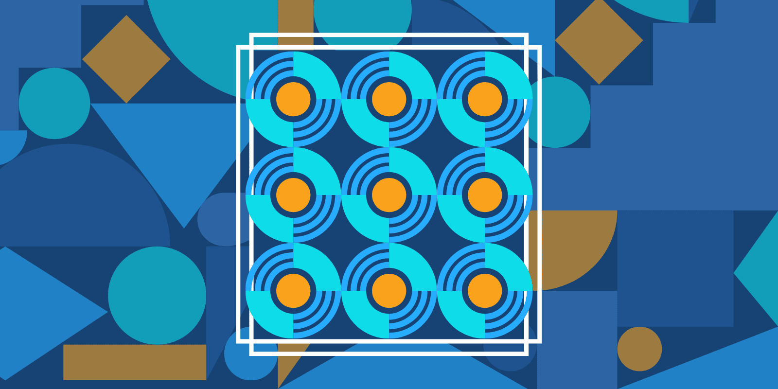 A well organized circles inside a frame on top of a chaotic vector shape background