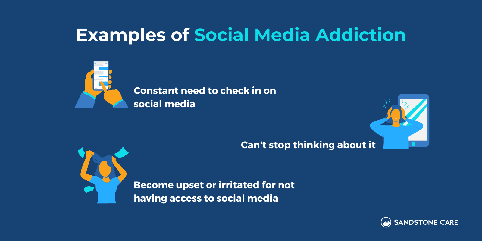 Examples Of Social Media Addiction written out next to relevant digital graphics
