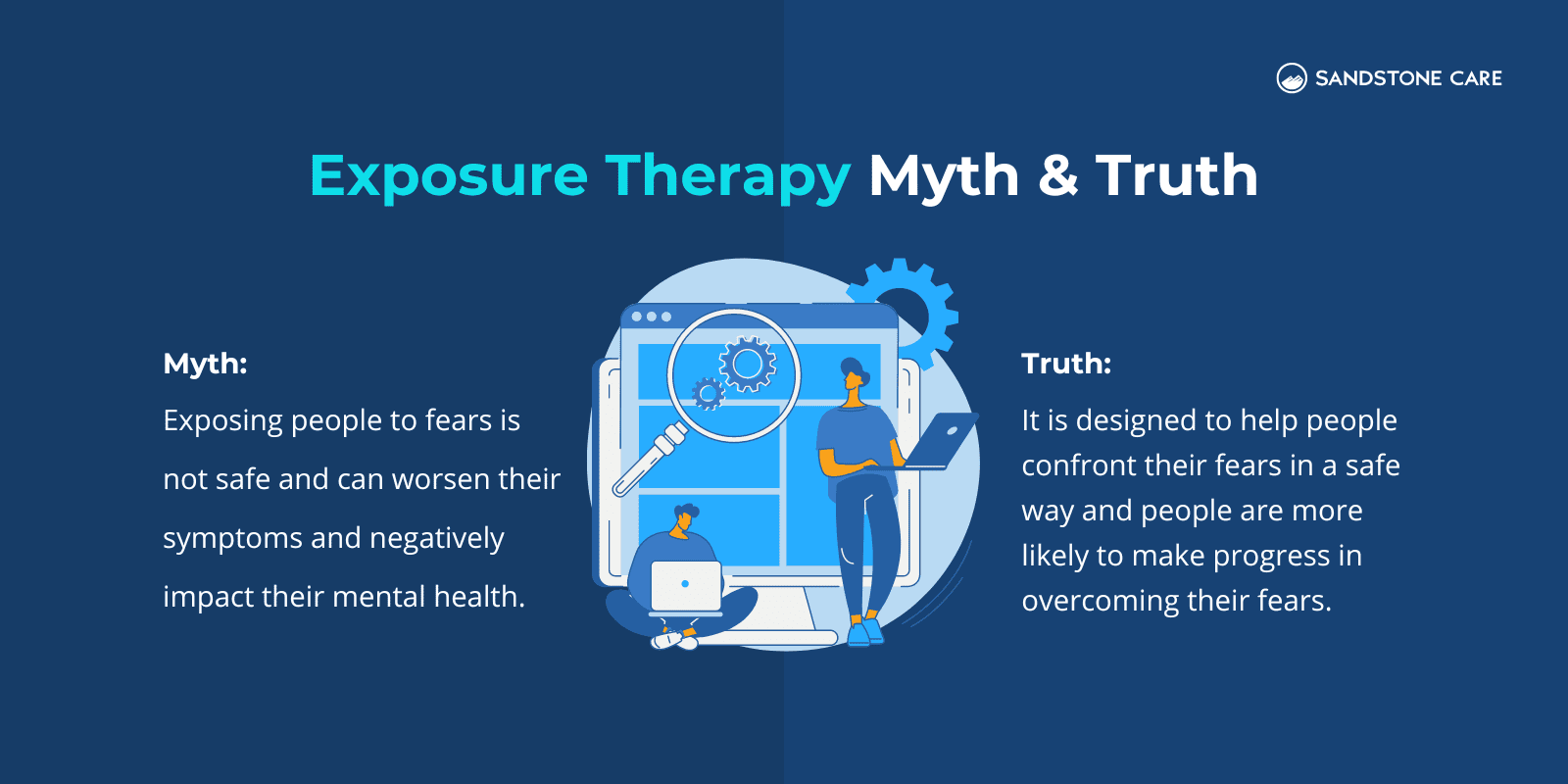 "Exposure Therapy Myth & Truth" text is written above myth and truth with an illustration of two people analyzing the data