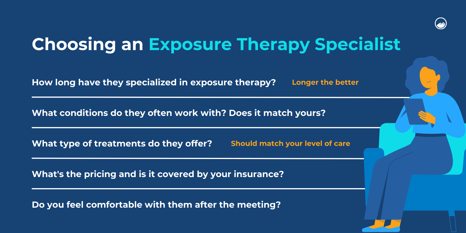 "Choosing an Exposure Therapy Specialist" written above a list of questions and an illustration of a therapist