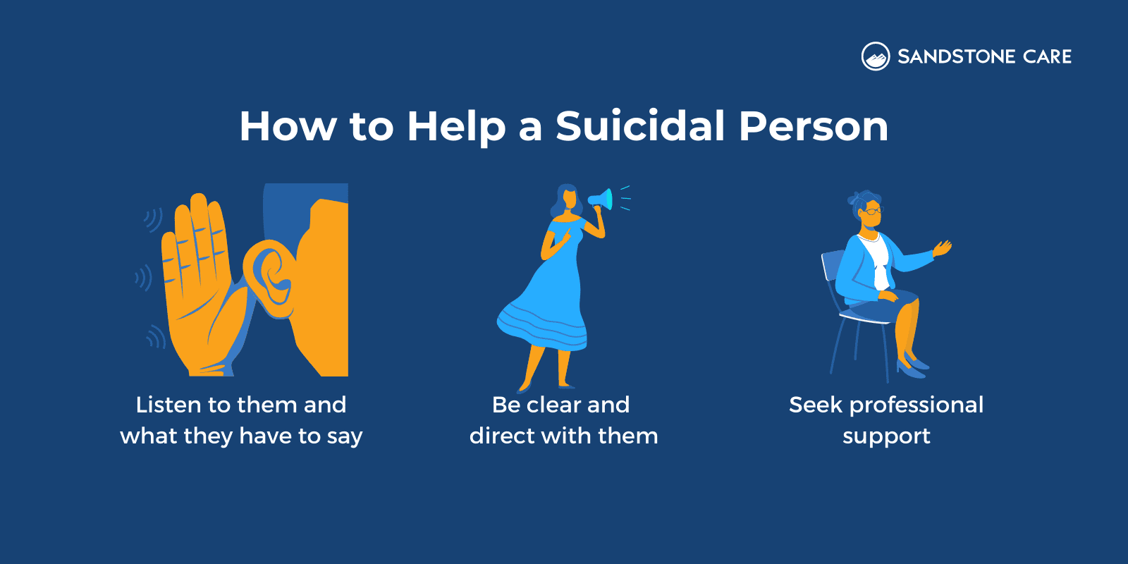 How to help a suicidal person illustrated into 3 list items of helping methods with digital illustrations