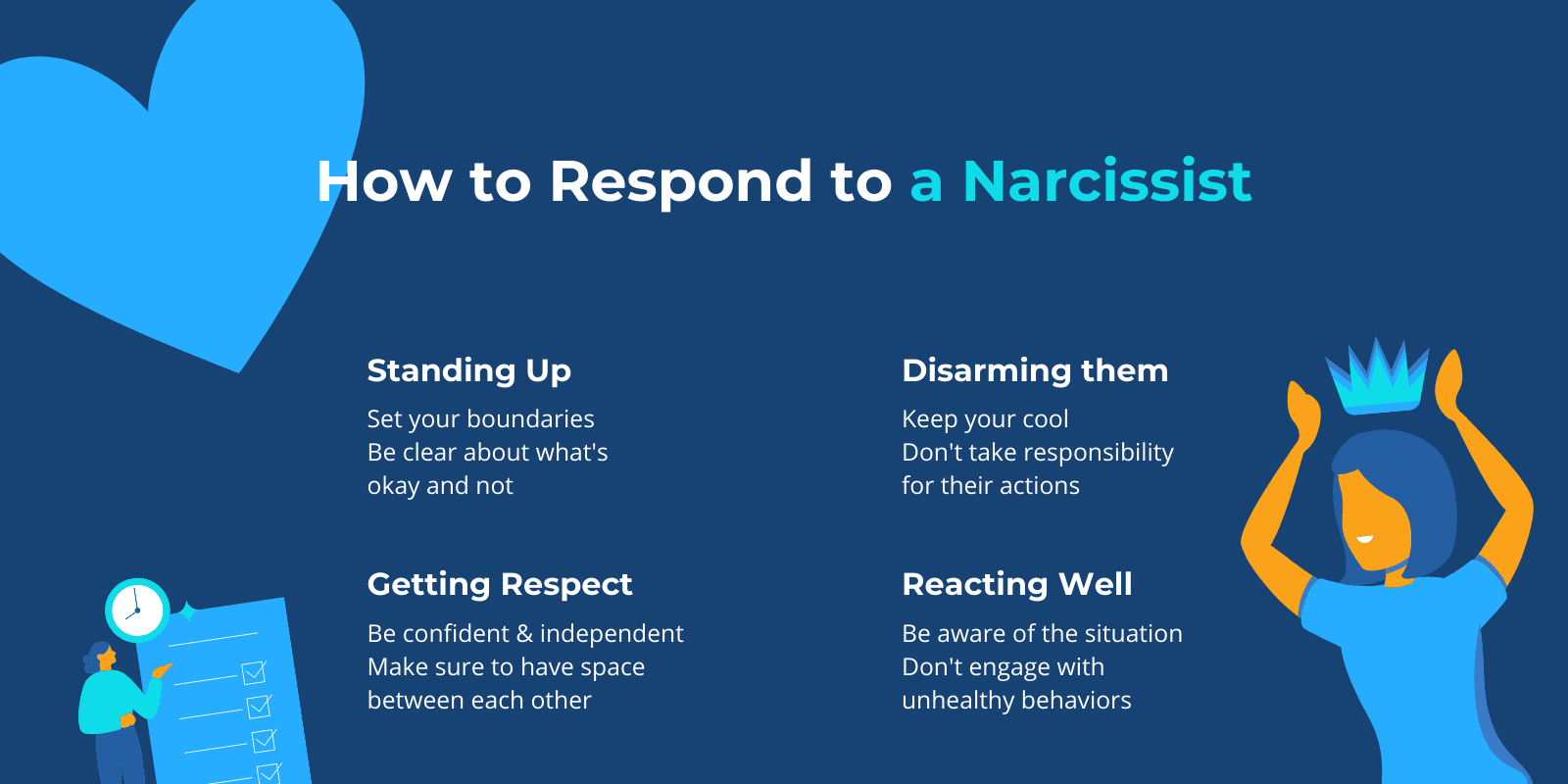 How to respond to a narcissist infographic with illustrations of narcissist and a checklist graphic