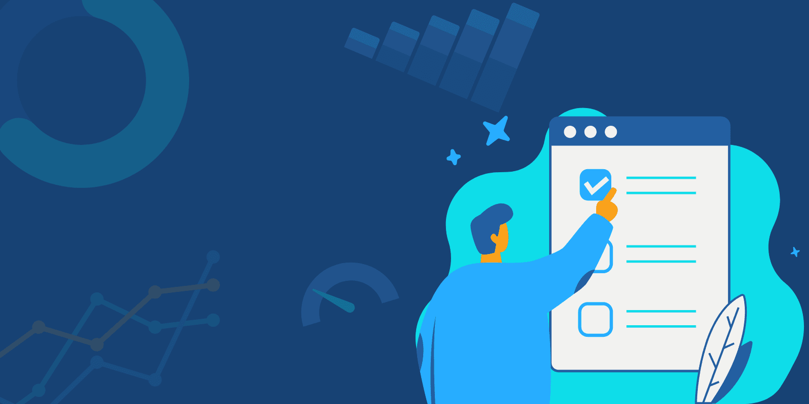 An illustration of a person checking boxes on a window while background has multiple graphs