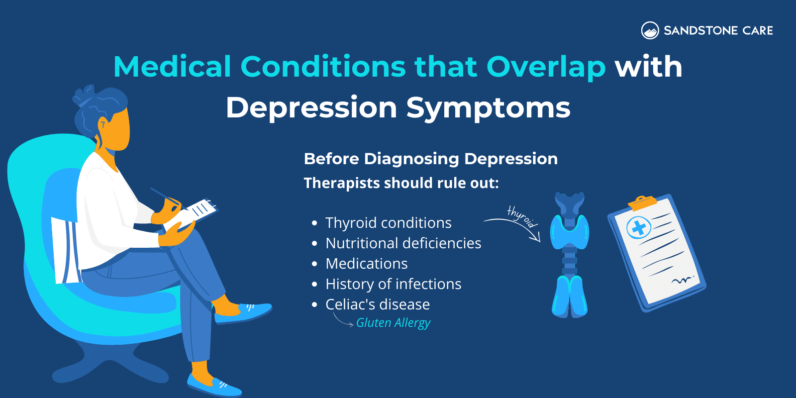 Medical Conditions That Overlaps With Depression Symptoms listed next to an illustration of therapist taking notes