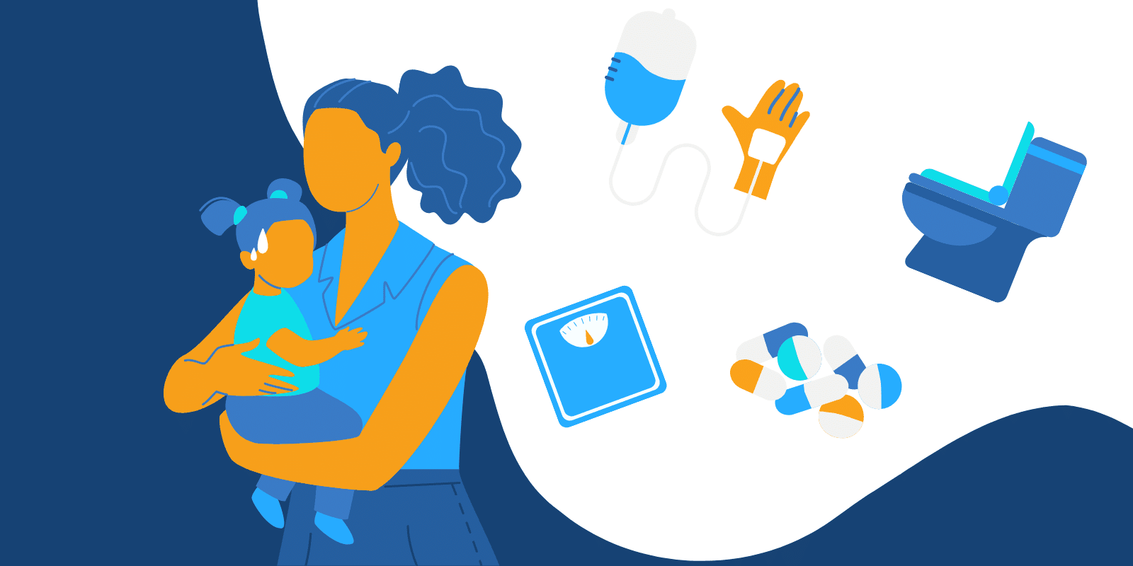 A digital illustration of a mom holding a baby and thinking about different sick measures like syringes, toilet, scales, and pills