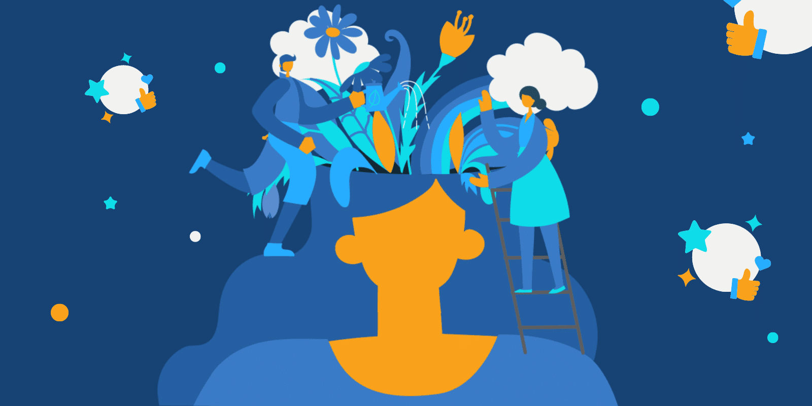 Digital illustration of a woman and a garden growing out of her head while there's a man and woman watering and tending flowers and plants to depict positive mindset