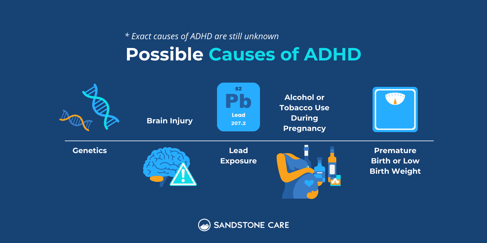 Possible Causes of ADHD written out with relevant digital illustrations