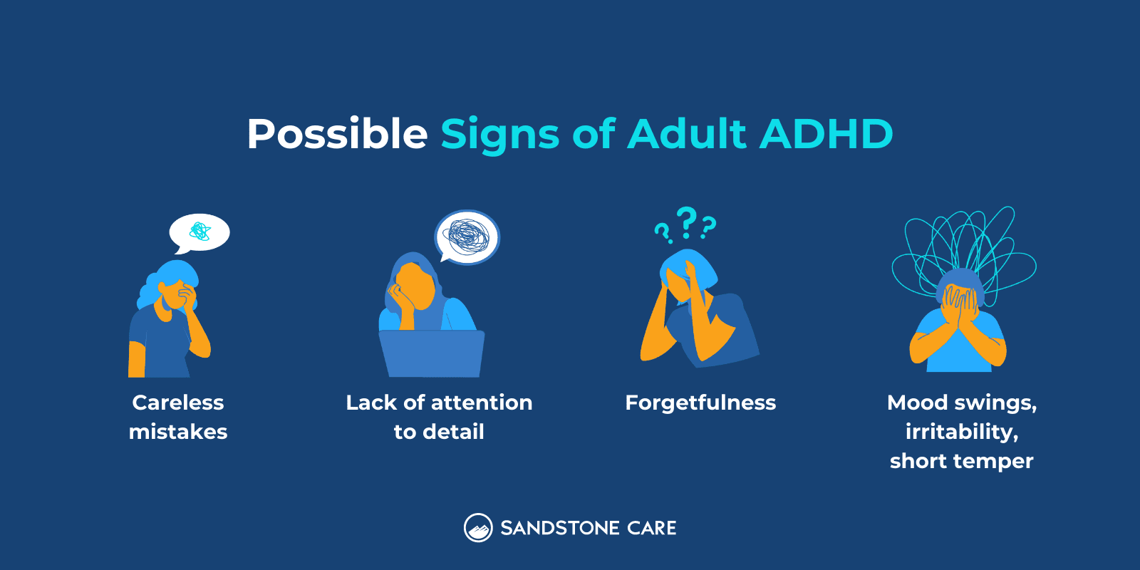Possible Signs of Adult ADHD are listed with digital illustrations