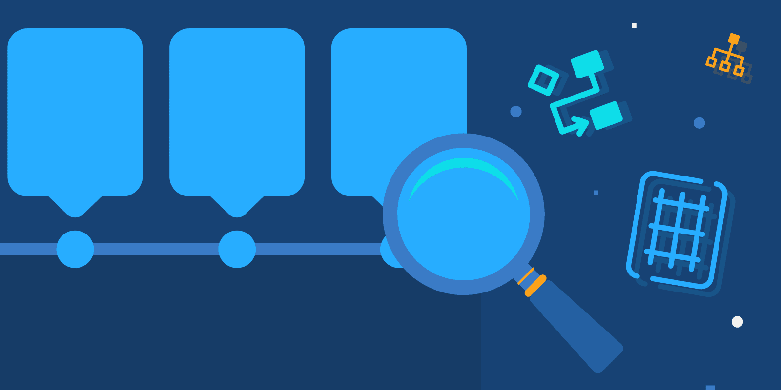 A magnifying glass examining a flow chart to demonstrate process