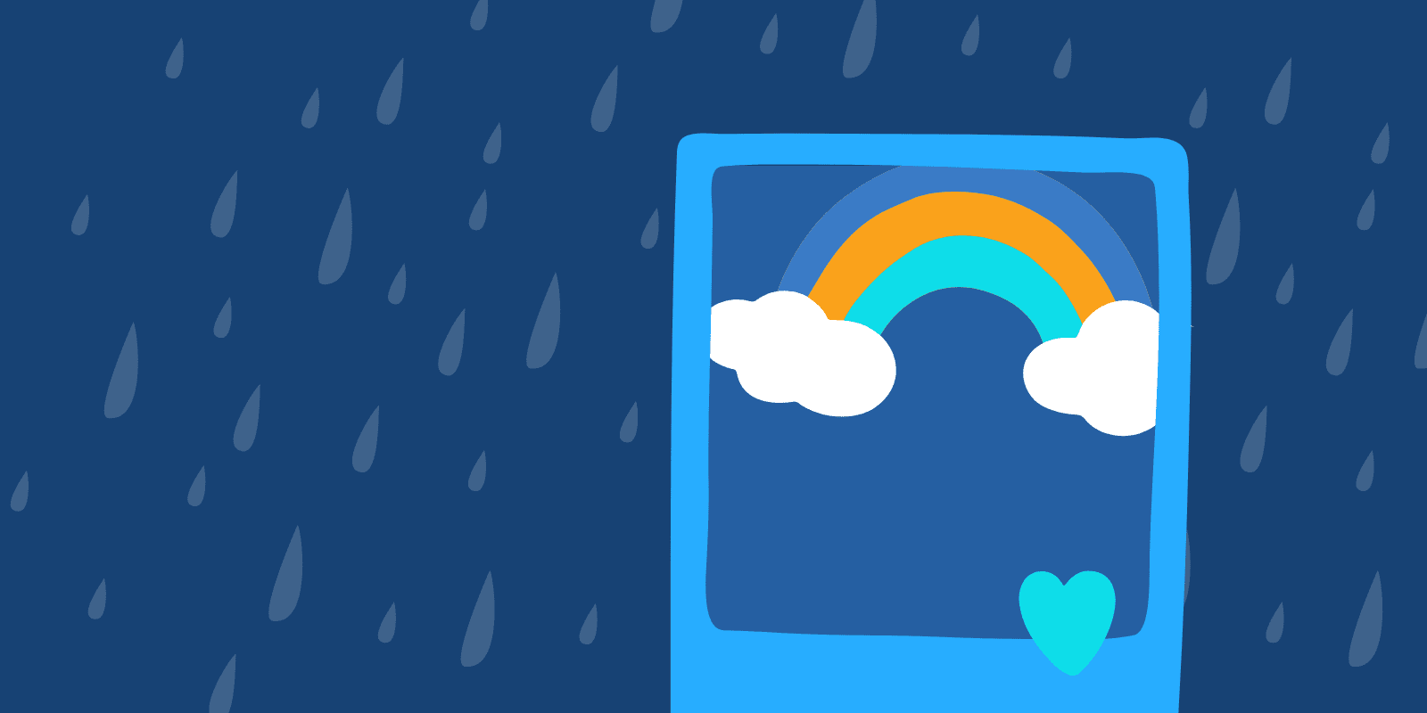 A rainbow graphic inside a photo frame on top of rainy background