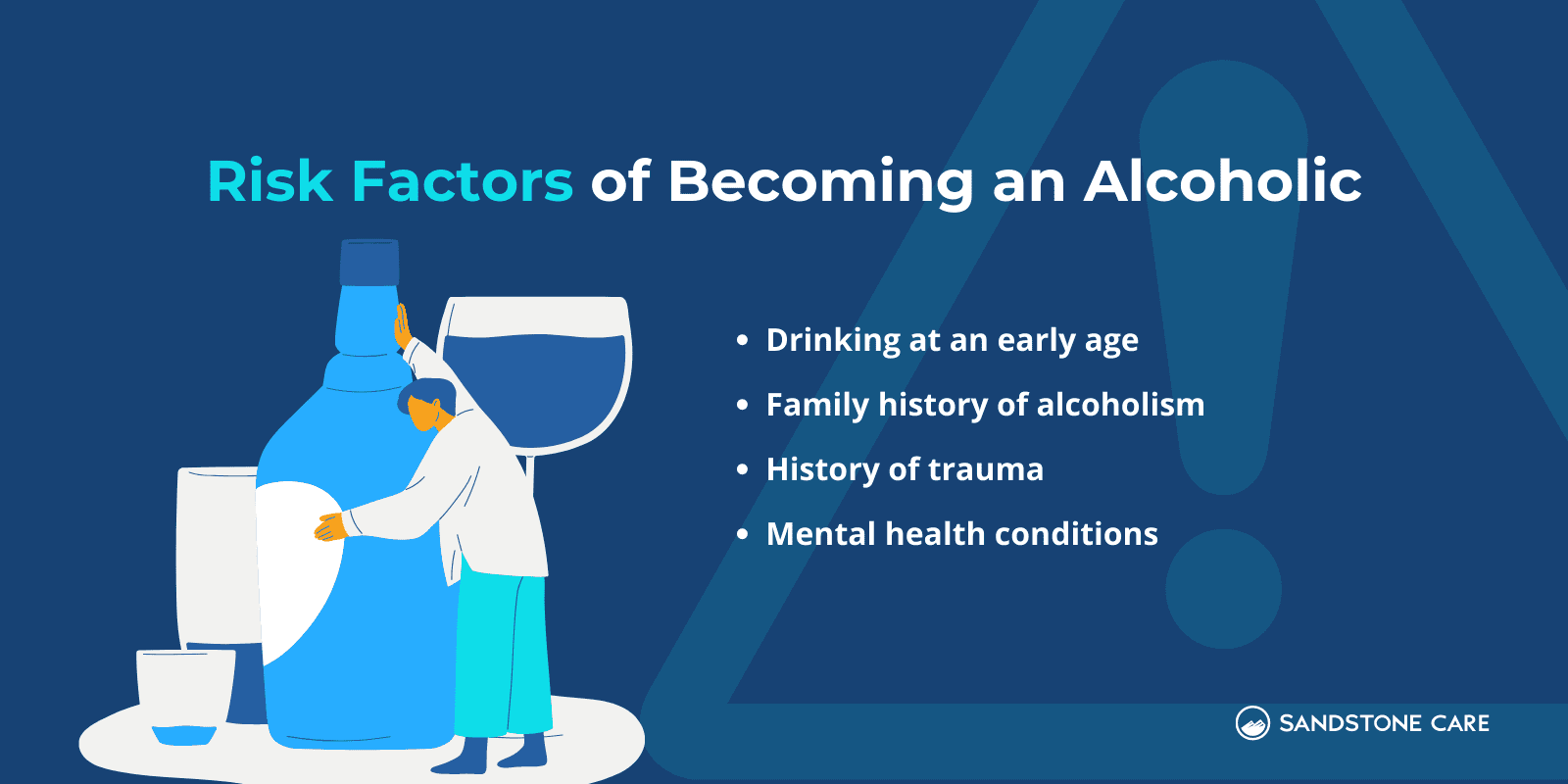 Risk Factors Of Becoming An Alcoholic written out in a bullet-pointed list next to an illustration of a human figure hugging an alcohol bottle