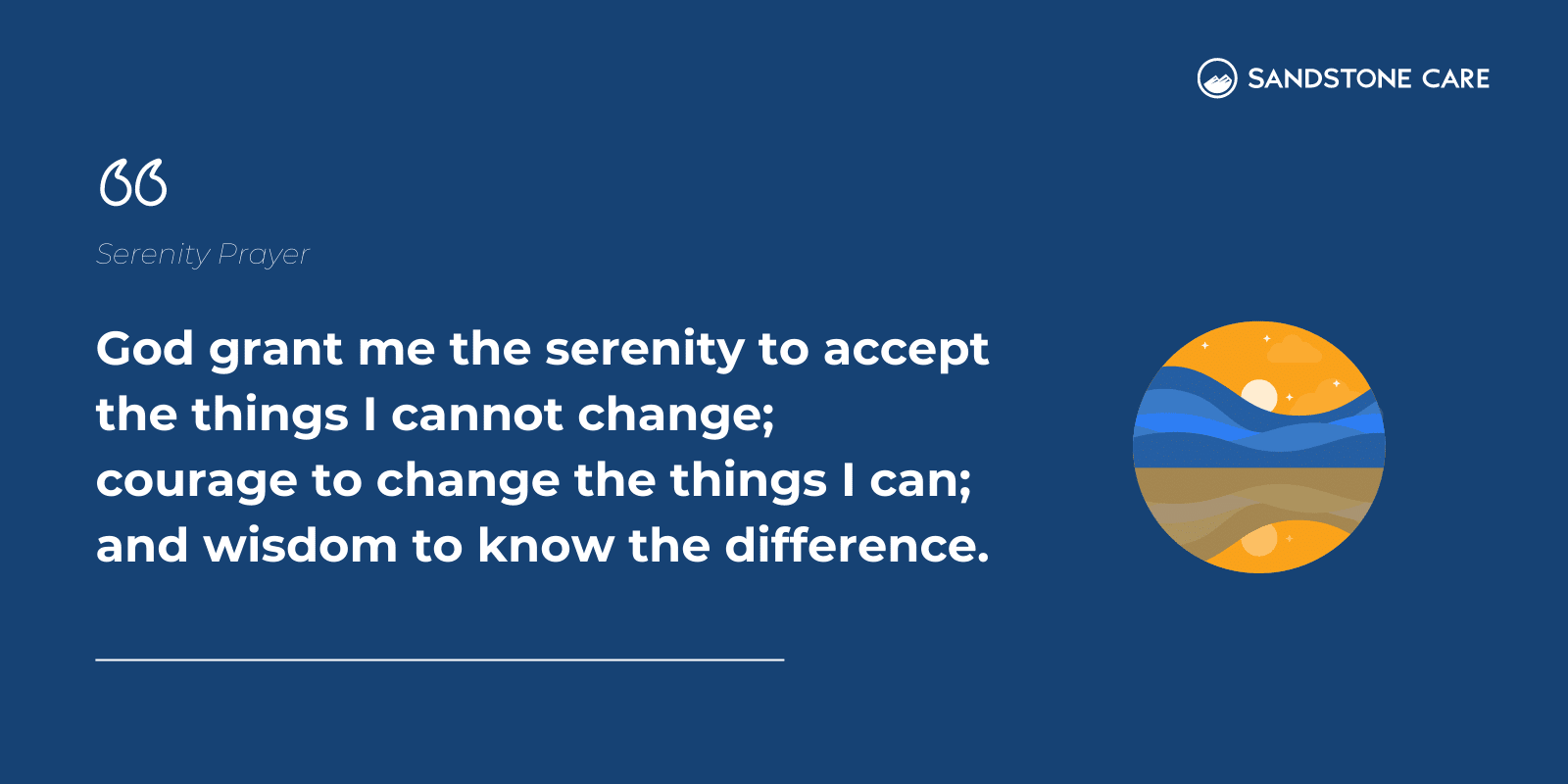Serenity Prayer written on a navy background and a circular digital graphic of serene nature next to the prayer.