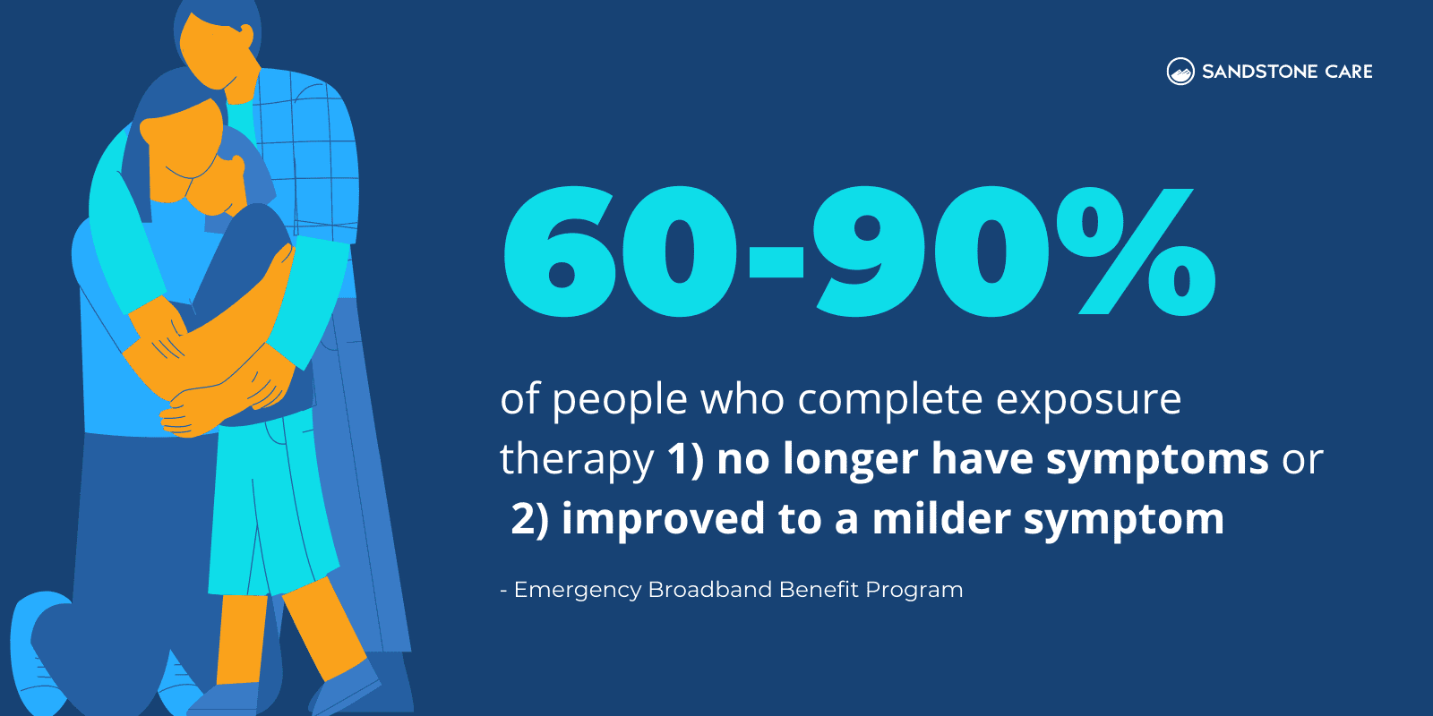 Illustration of family hugging each other next to Success rate of exposure therapy statistics