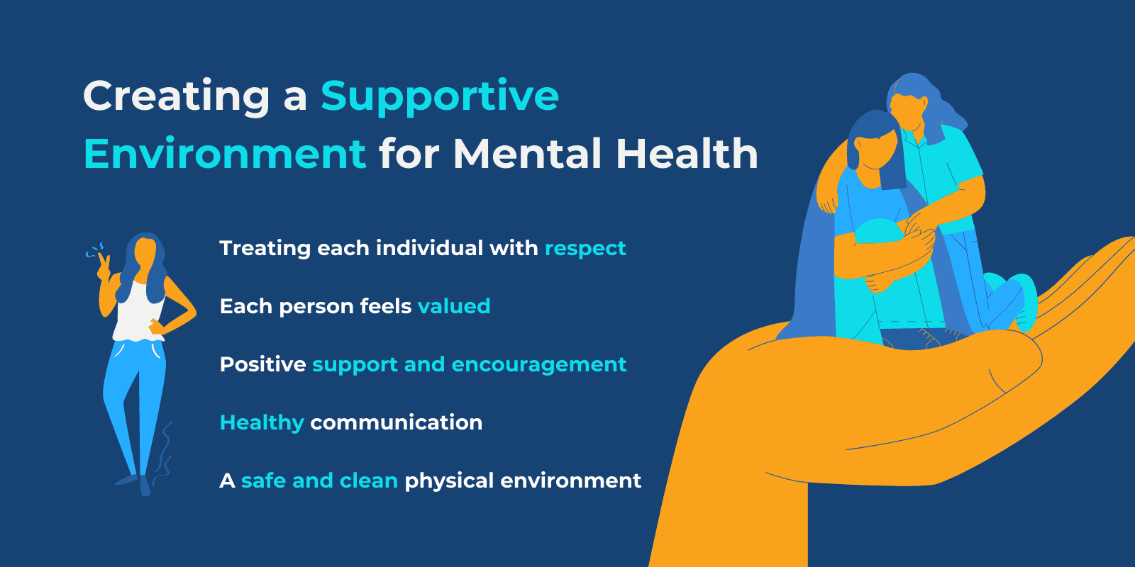 Creating a Supportive Environment for Mental Health demonstrated with relevant graphics around them