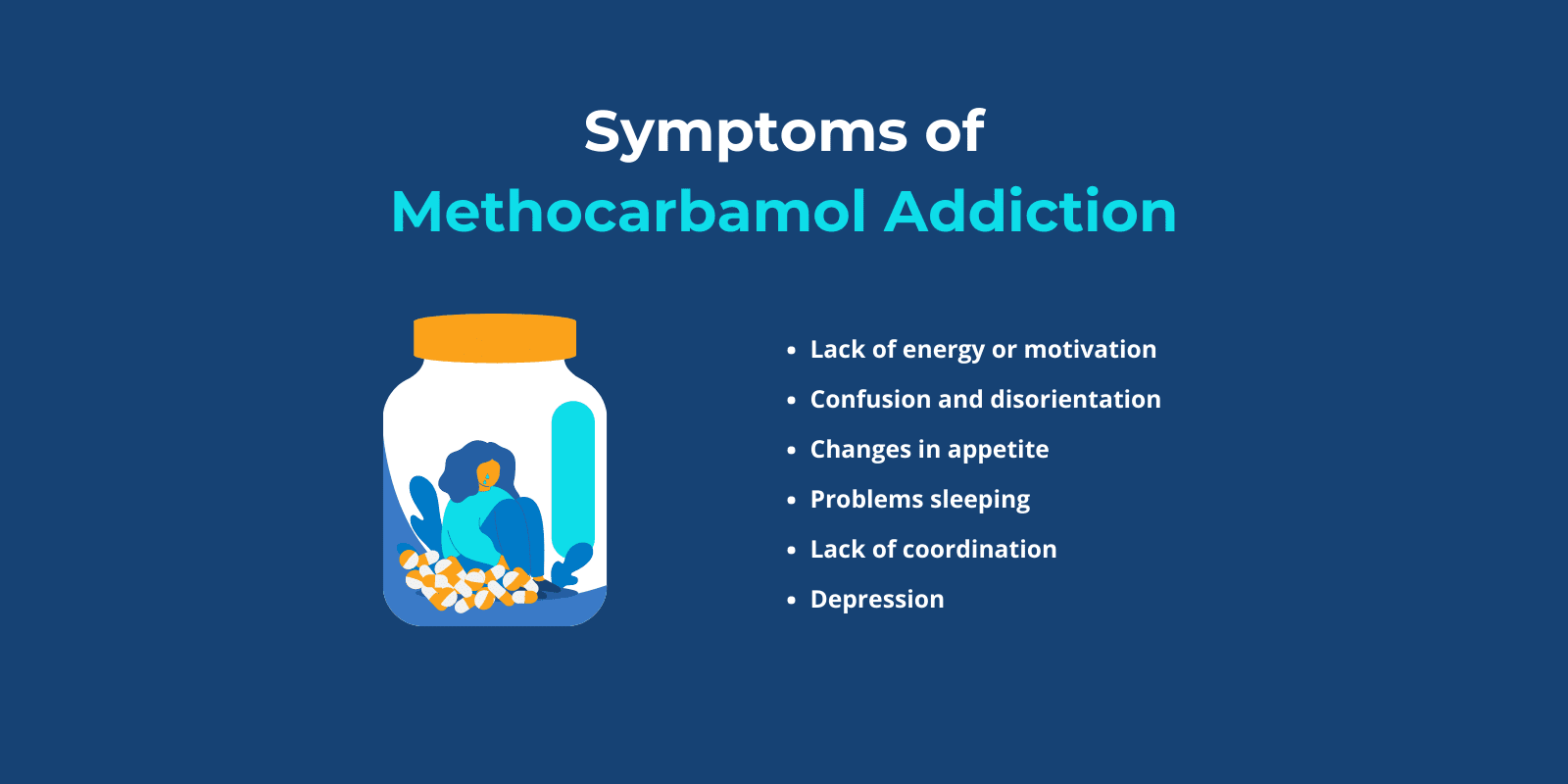 A list of methocarbamol(Robaxin) symptoms next to an illustration of a crying girl inside a pill jar
