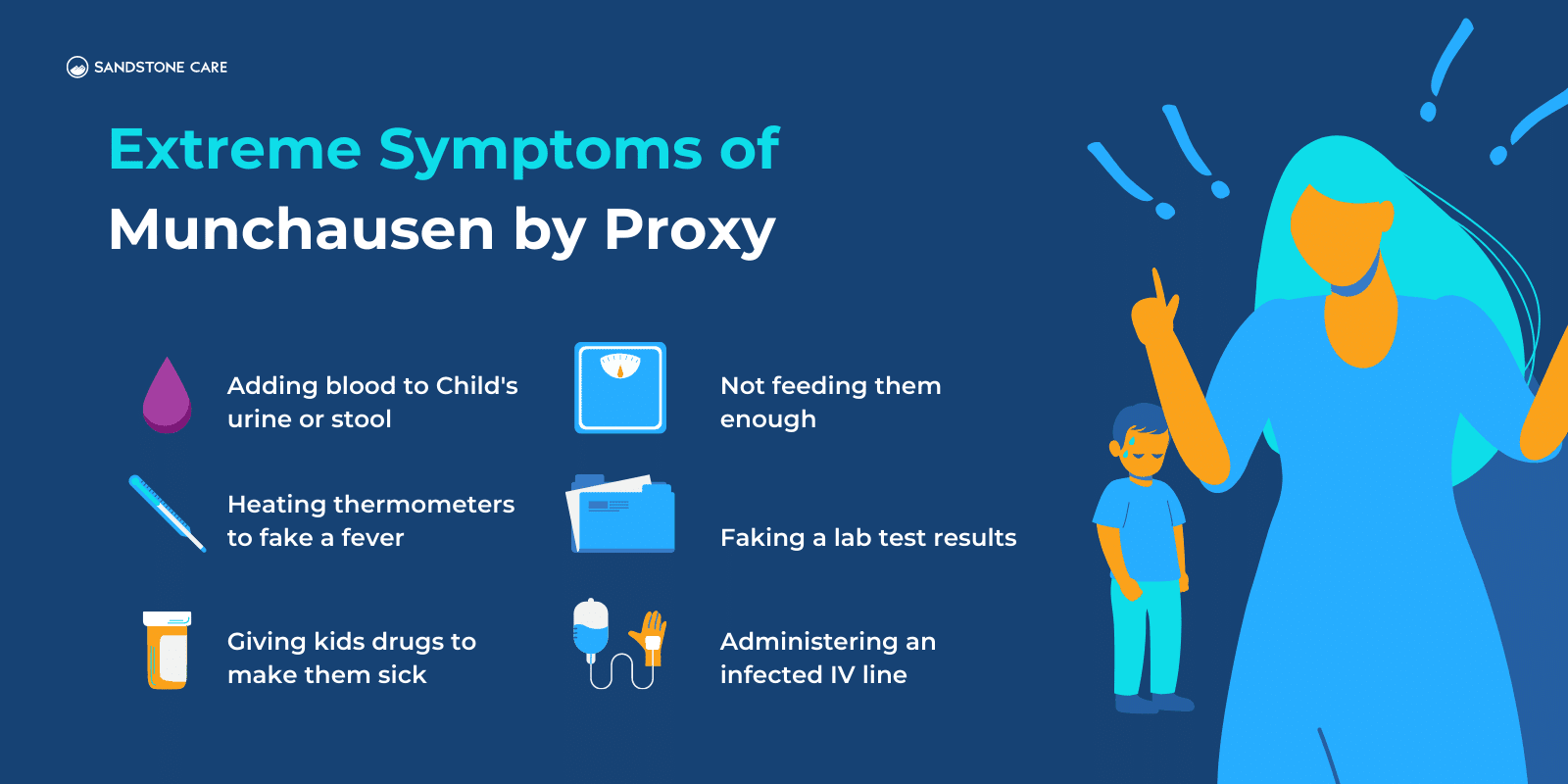 "Extreme symptoms of Munchausen by Proxy" and lists of symptoms written with relevant illustration per symptoms next to an aggressive mom trying to say something to doctors when her kid has dark circles and are sweating