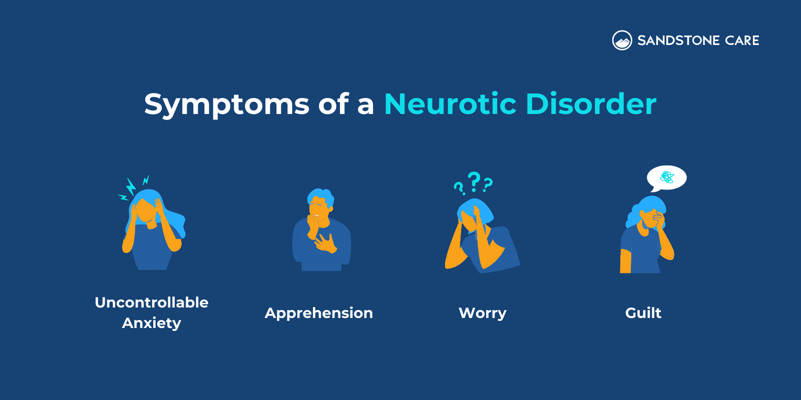 Symptoms Of A Neurotic Disorder written above the list of symptoms represented with relevant illustrations: Uncontrollable anxiety, apprehension, worry, and guilt