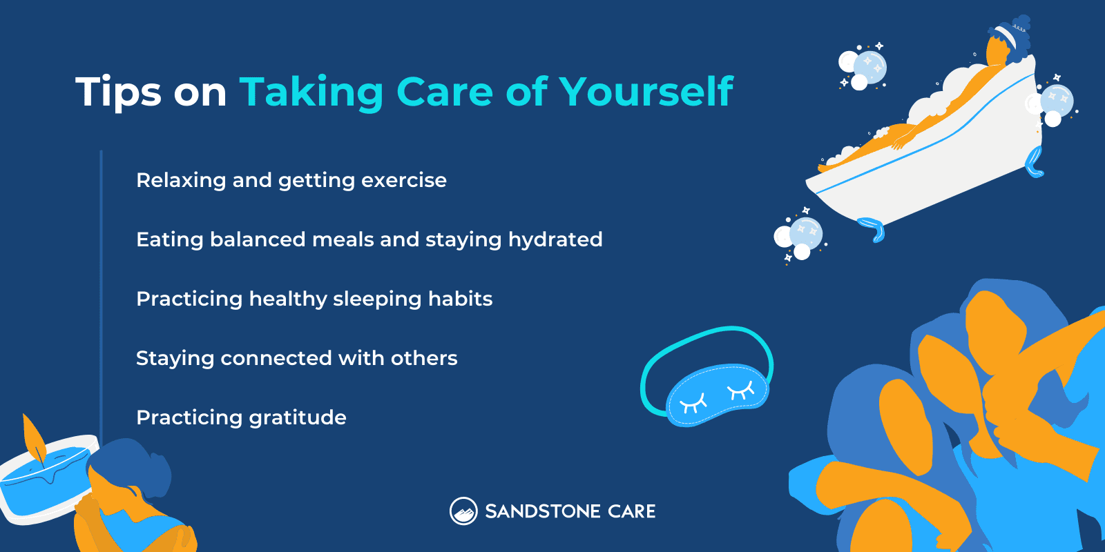 "Tips on taking care of yourself" written on top of the list of ways with relevant graphics