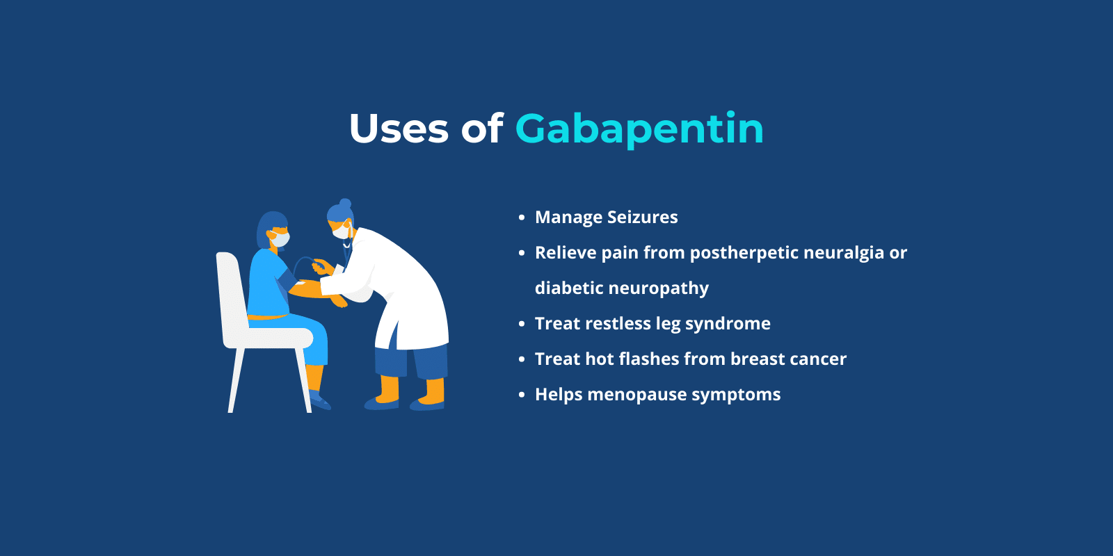 List of Gabapentin uses with an illustration of a doctor examining a patient