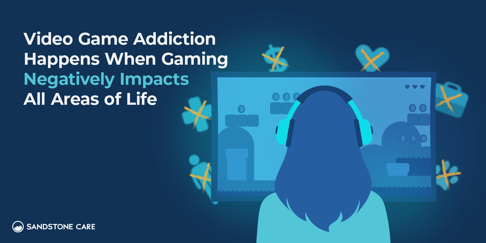 a woman with headphones on looking at a video game