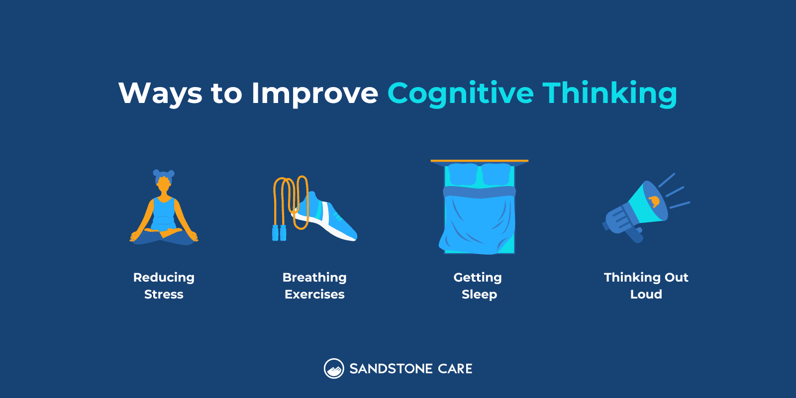 Ways to improve thinking demonstrated with relevant icons; meditation, running shoes and jumping ropes, a bed, and a loud speaker