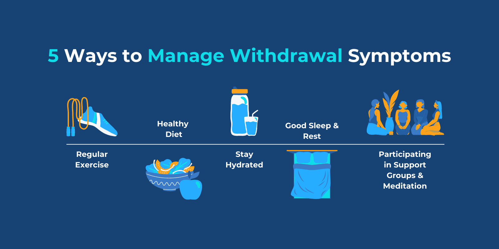 5 ways to manage withdrawal symptoms with relevant icons like jumping ropes, a salad, a water bottle, a bed, and a group meditation session