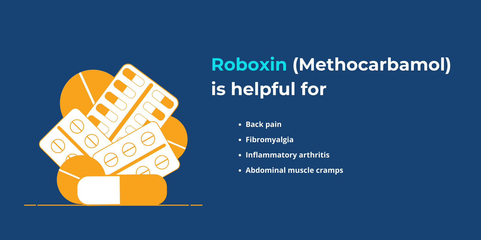 "Robaxin (Methocarbamol) is helpful for" text and a list of Methocarbamol benefits next to a graphic of orange pills