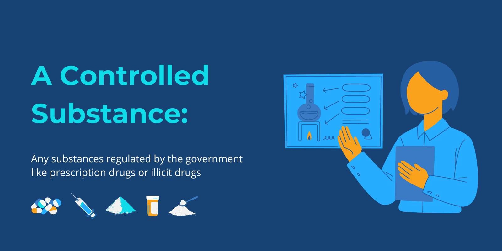 A definition of a controlled substance next to an illustration of a person explaining chemistry and icons of substances