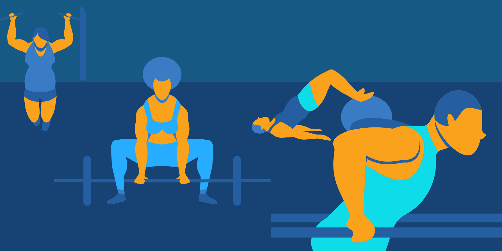 An illustration of 4 people in a gym each working out on a different gym equipment