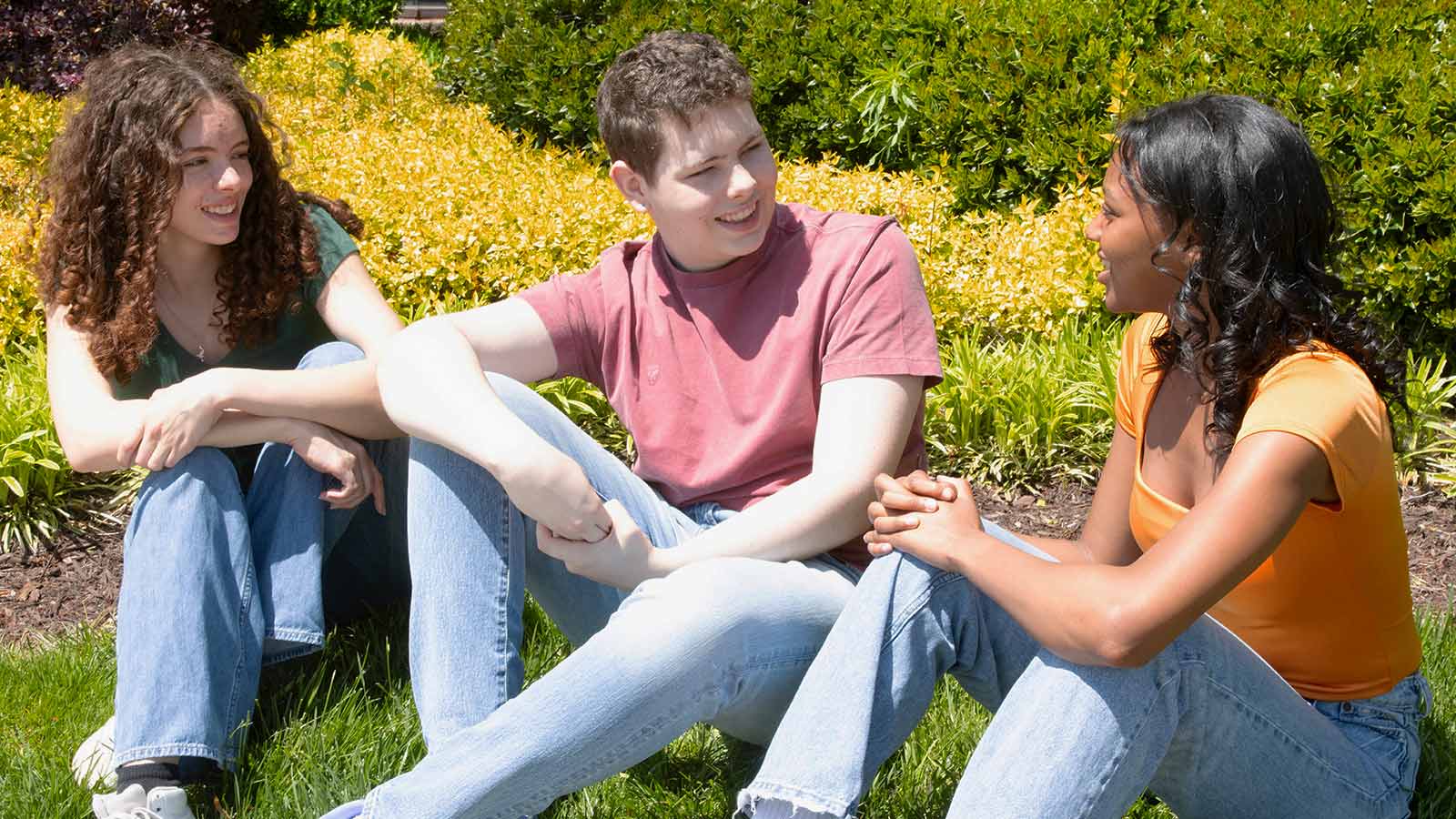 three young people sitting on the grass talking to each other