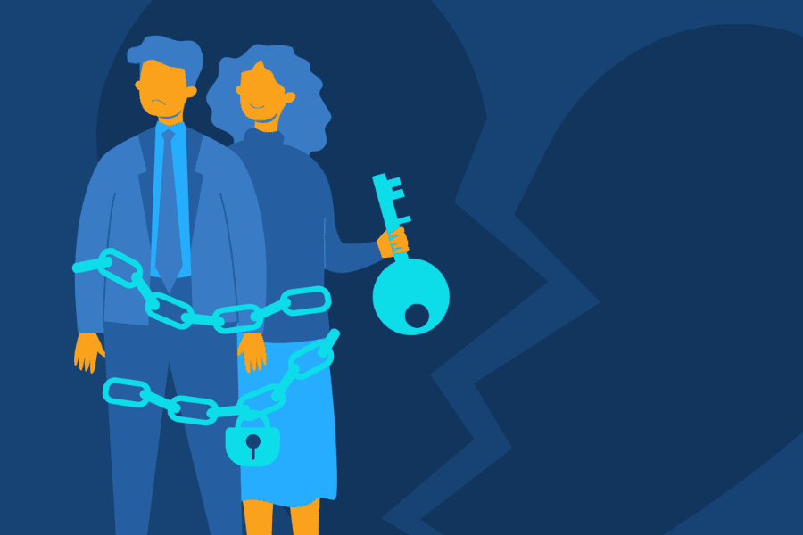 A digital illustration of an unhealthy couple where a woman bonds the two together with a chain and lock