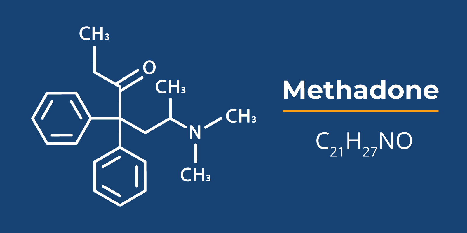 Methadone element symbol on the left with the chemical compound of methadone
