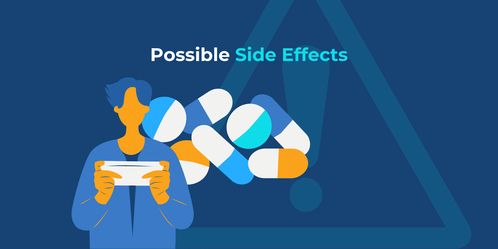 Possible side effects infographic with an illustration of a boy reading a white paper and pills behind him