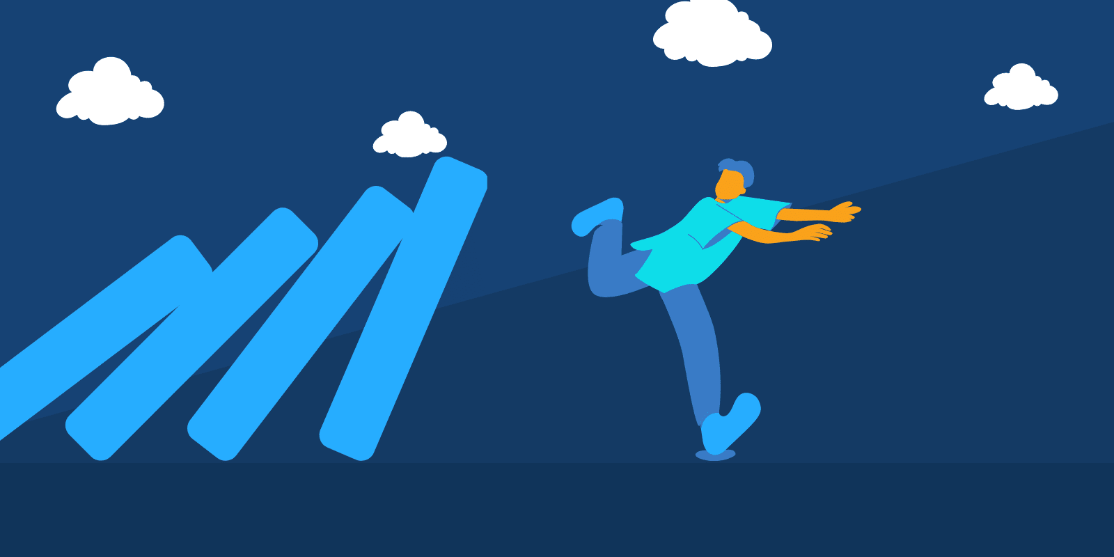 illustration of a men running away from flipping dominos