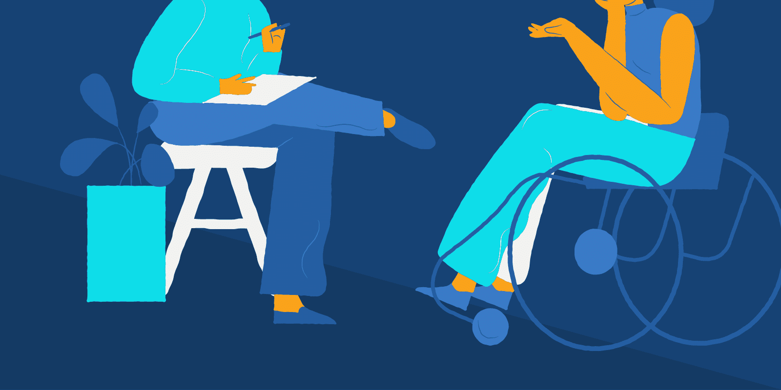 Illustration of a therapist talking to a client in a wheel chair